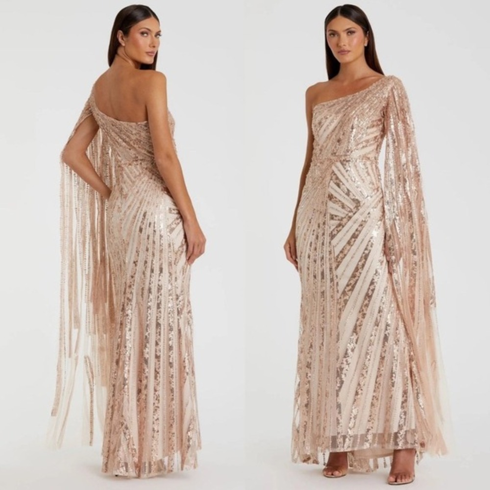 NWT Mac Duggal Rose Gold One Shoulder‎ Cape Sleeve Embellished Gown $898 Size 8